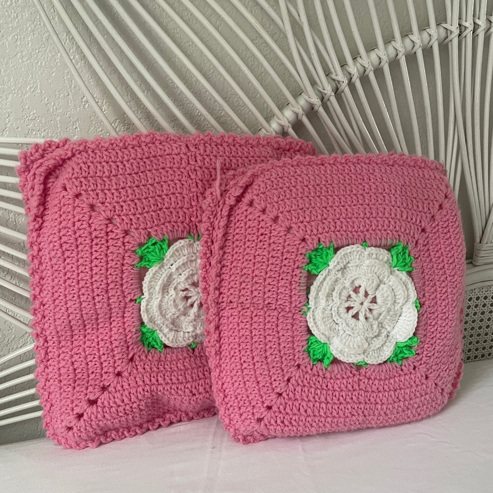 Vintage Crochet Pink Decorative Pillow Flower Granny Square Handmade Pair Accent